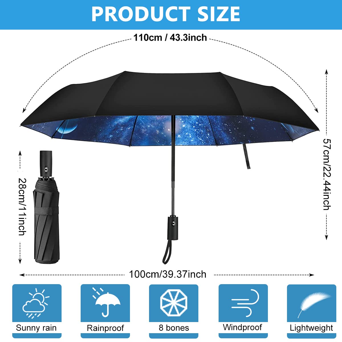 PALAY® Folding Umbrella Windproof Compact Travel, Auto Open/Close Large Rain Umbrellas 8 Ribs UV Protection Umbrella for Women, Lightweight Umbrella with Polyester Coating for Travel (Starry Sky)