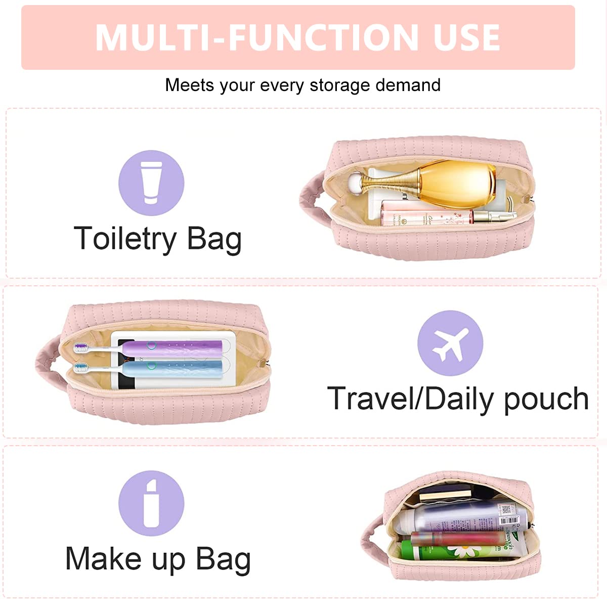 MAYCREATE Makeup Bag for Travel with Full Open Zipper and Handle 18×7.5×12.5cm Pink | PU Leather Toiletry Organizer for Women