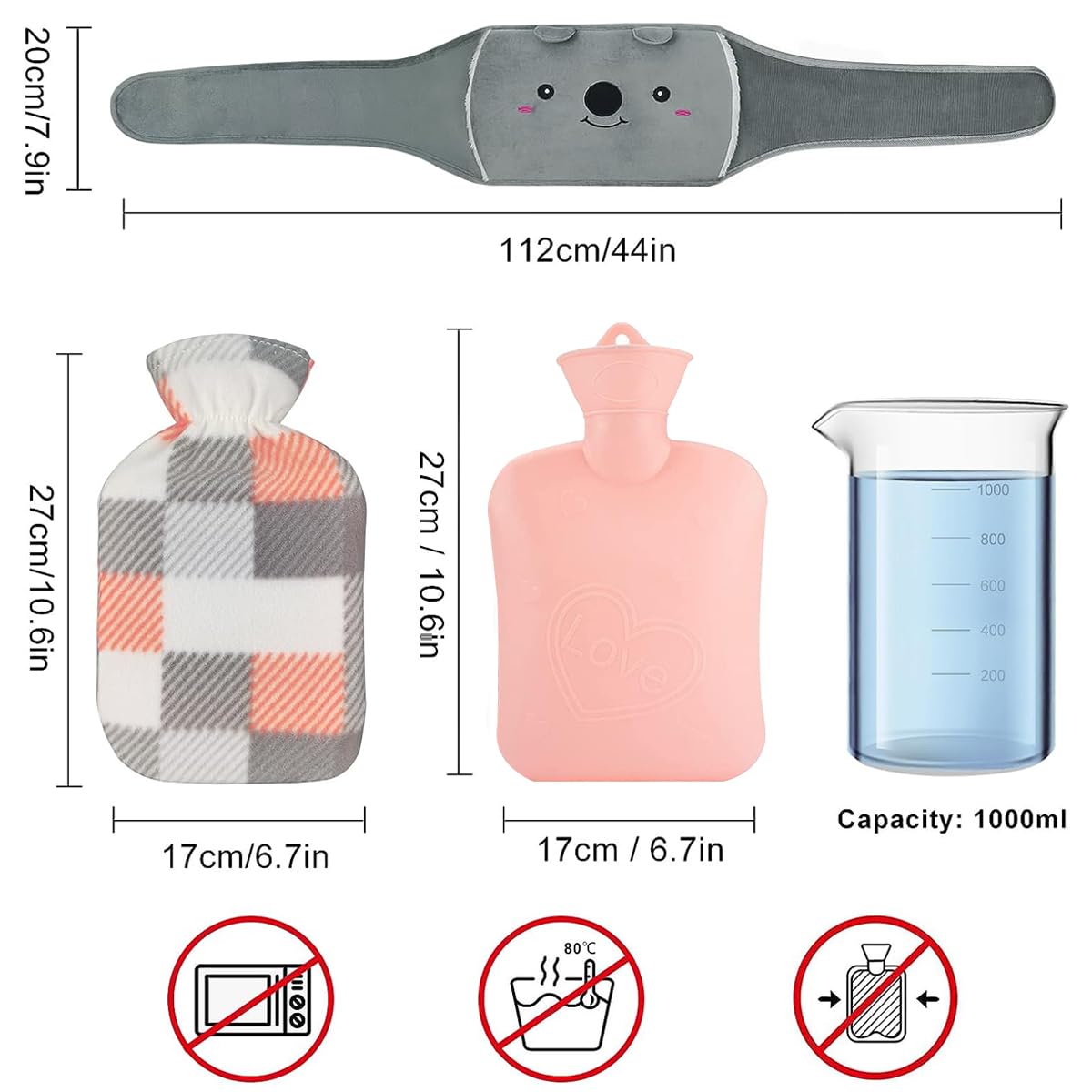 HANNEA Hot Water Bag Set for Period Pain Relief with Plush Cover and Waist Wrap Belt 1200ml PVC