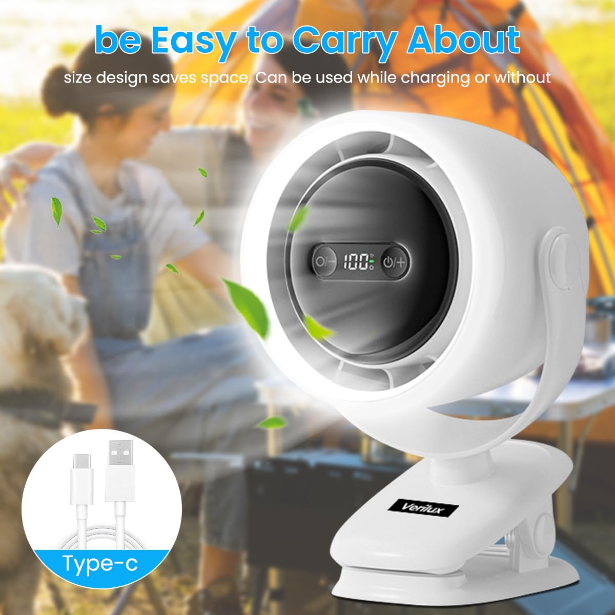 Verilux USB Mini Desk Fan for Home and Travel with 7200mAh Battery and Stepless Airflow | Clip-on LED Light