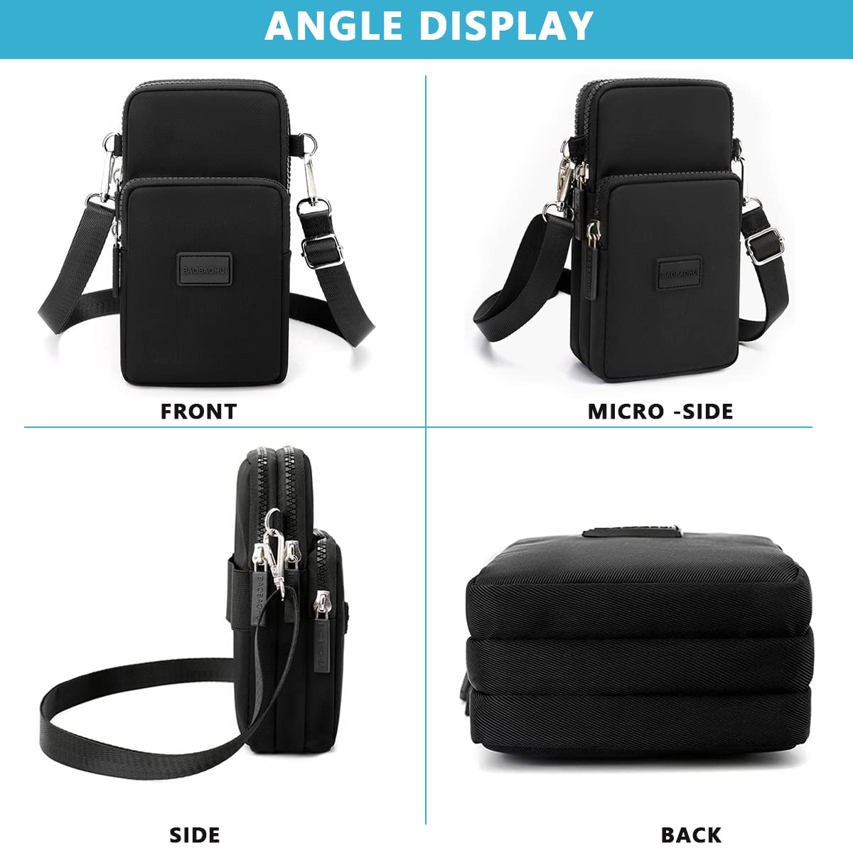 PALAY Small Crossbody Phone Bag for Women with 3 Zipper Layers 19×10×6 cm Oxford Cloth Black