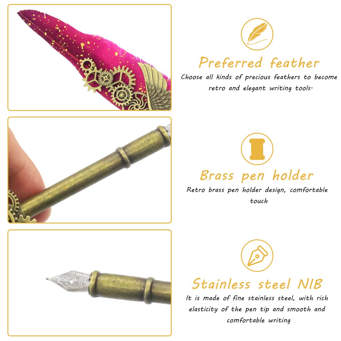 HASTHIP Feather Pen Set for Calligraphy with 2 Replacement Nibs and 20ml Blue Ink | Vintage Quill Gift