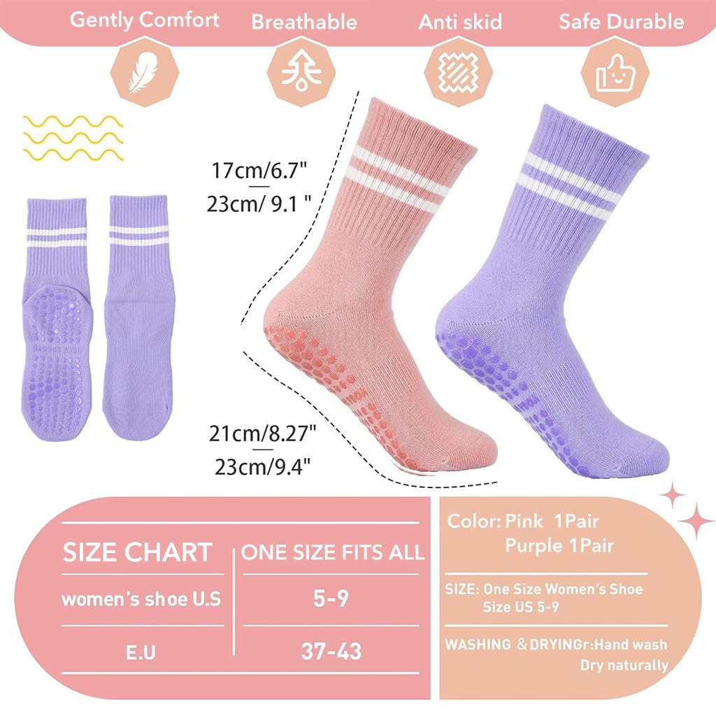 Proberos Yoga Socks for Women with Anti Slip Silicone Grip and Breathable Cotton | 2 Pairs Pink and Purple