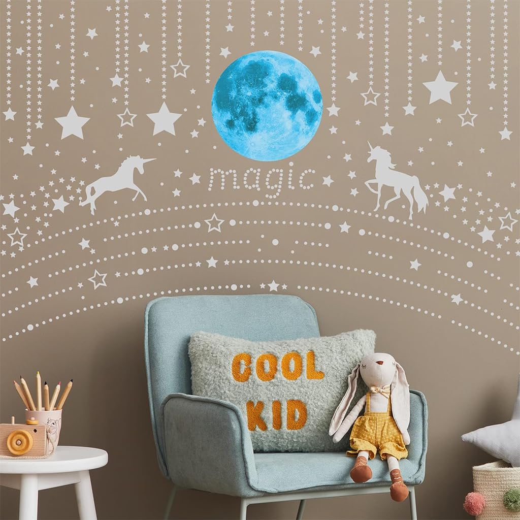 HASTHIP® Glow in The Dark Stars and Unicorn Wall Decals, Unicorn Wall Decals Stickers Wall Decor for Girls Bedroom Luminous Glow Unicorn Stars Planet Ceiling Stickers for Girls/Boys Gift, B