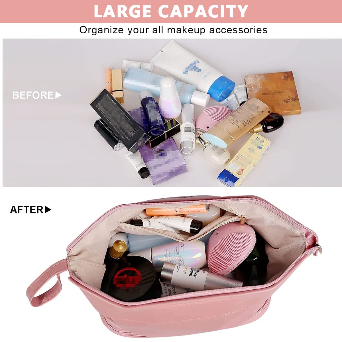 MAYCREATE® Large Capacity Cosmetic Bag, Women's Makeup Travel Bag Portable Leather Cosmetics Bag with Handle, Double Layer Portable Zipper Toiletry Bag for Travel Makeup Organizer, Pink