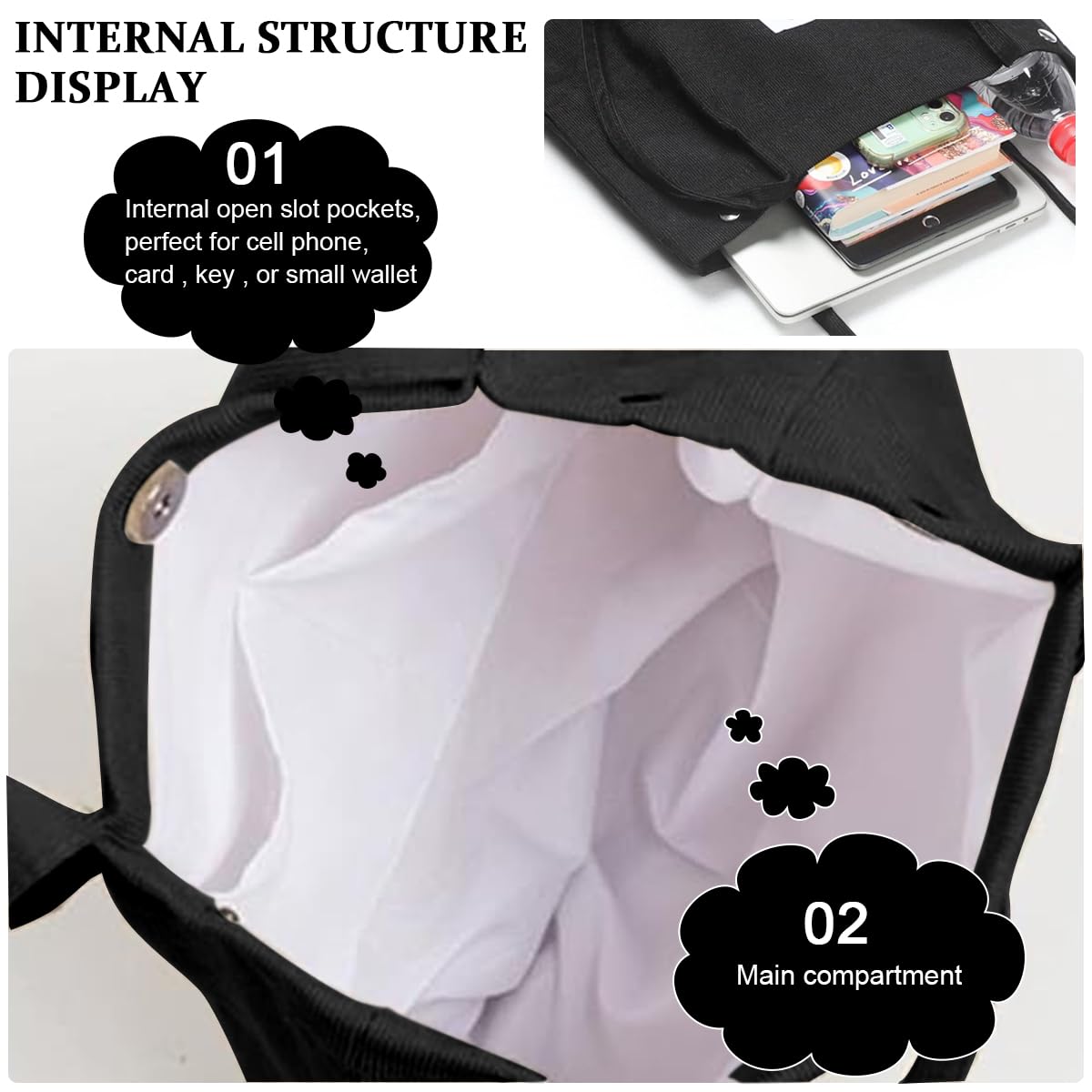 PALAY Tote Bag for Women featuring Reinforced Handles and Soft Corduroy Material Black 2PCS