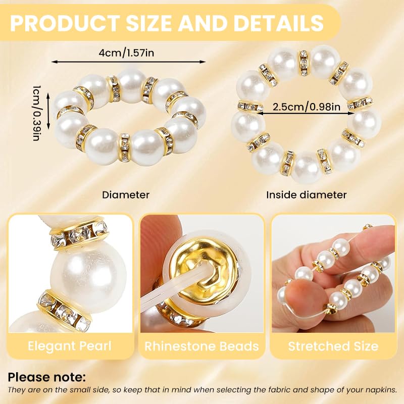 Supvox Napkin Rings for Table Settings featuring Beaded Glossing Pearl Design 12 Pcs Gold