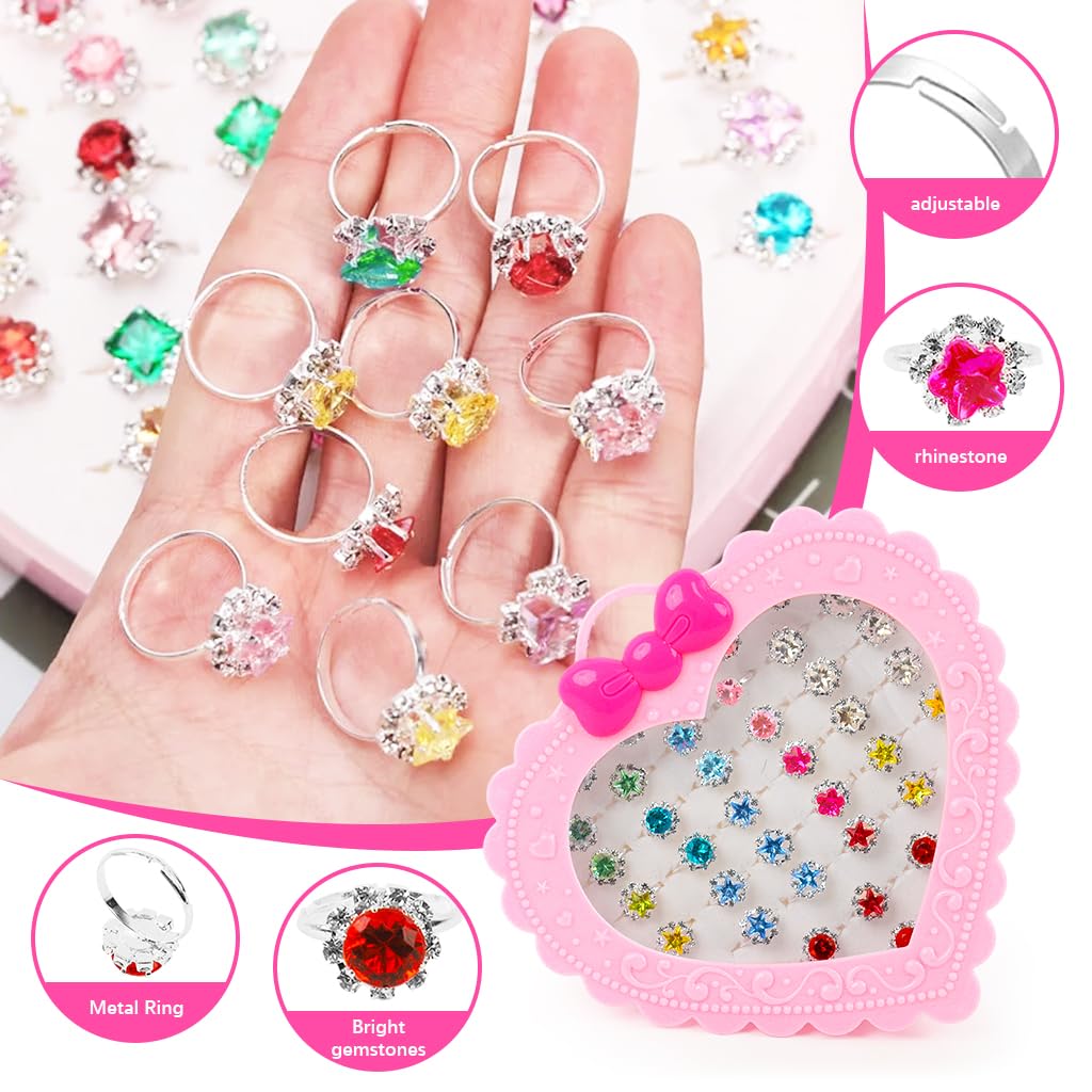 SANNIDHI Gem Rhinestone Rings Set for Girls with 36pcs Adjustable Open Rings | Colorful Acrylic Jewelry Gift Box for Pretend Play