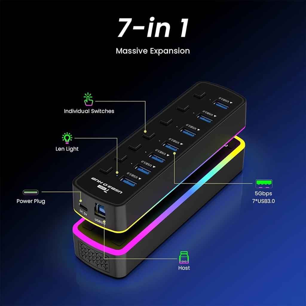 Zeitel® 7 in 1 USB Hub with Color Light Extension Hub 5Gbps High Speed USB C Hub with 7 Ports & Individual Switch Universal USB Hub for USB Flash Drives, Keyboards, Webcams, USB Fans, Card Readers