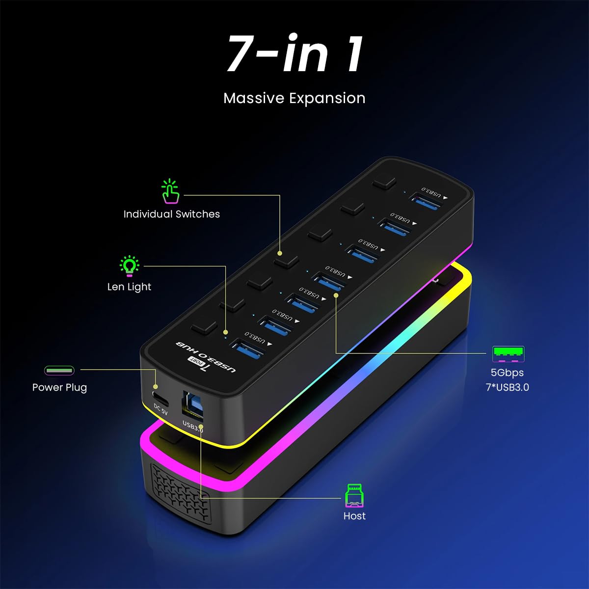 Zeitel USB Hub 7 Port 5Gbps for Multiple Devices with Individual Switch Control | ABS PC Body