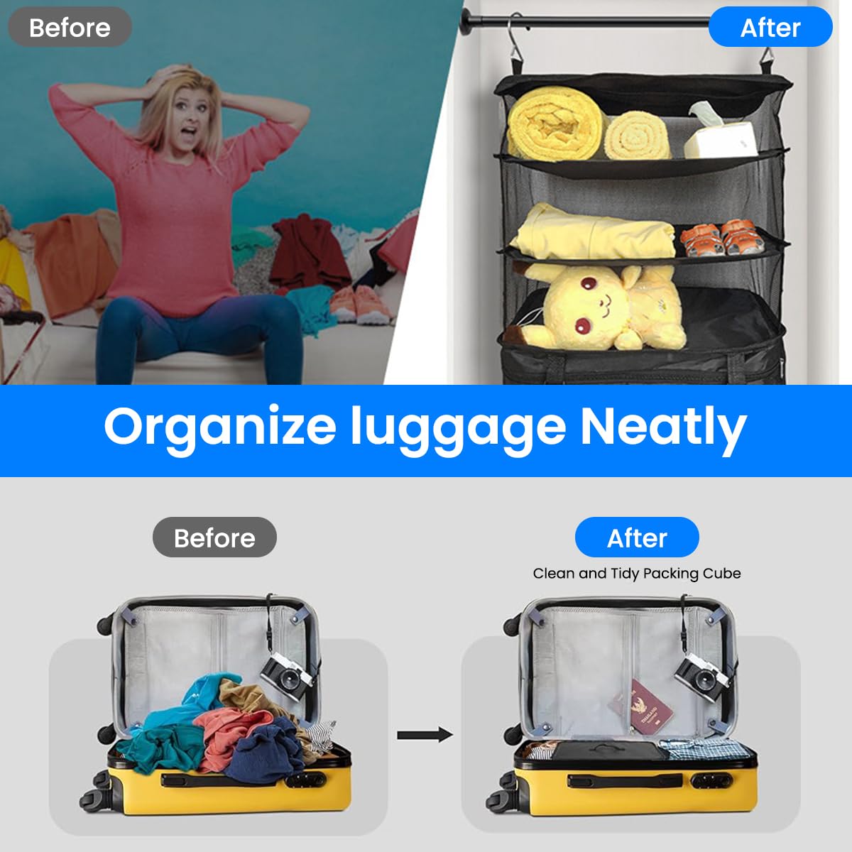 Zibuyu Hanging Luggage Organizer for Car Travel with Triple Layer Compartments and Oxford Cloth