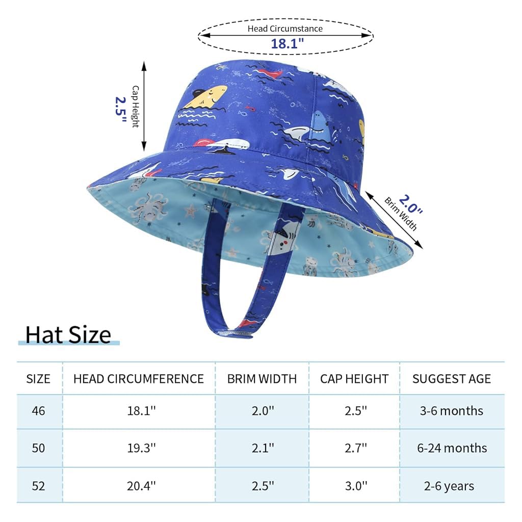 SNOWIE SOFT® Sun Hat for Baby Beach Hat Bucket Hat for Girls Boys Fashion Reversible Cartoon Hat for Boys Girls 3-6 Months, UPF50+ Sun Protection Beach Hat with Chin Strap, Head Circumference 46CM