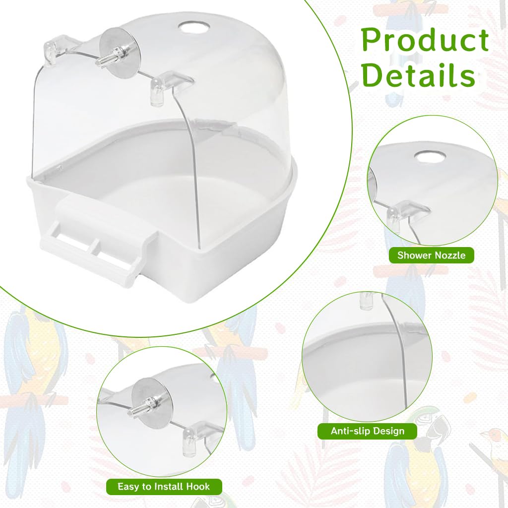 Qpets® Bird Bathing Box for Cage Clip On Bird Bathing Bowl with Transparent Roof, Anti-Splash Bird Bathing Tub Plastic Bird Bathing Box for Cage with Water Inlet Hole (14 * 14 * 13CM)