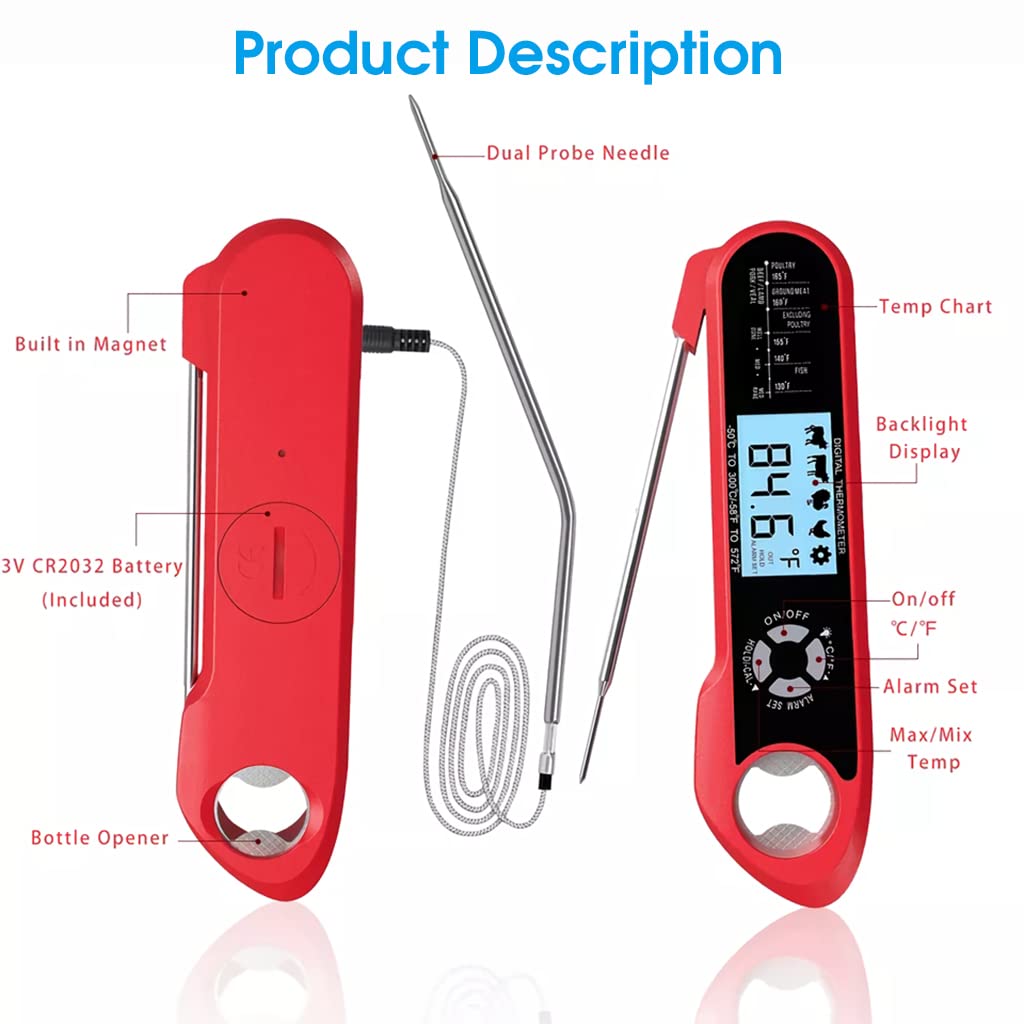 Supvox® Food Thermometer for Cooking with Long Probe, IP67 Waterproof Digital Cooking Thermometer with Backlight & Calibration Function, LCD Instant Read Kitchen Thermometer for Grill Deep Fry BBQ