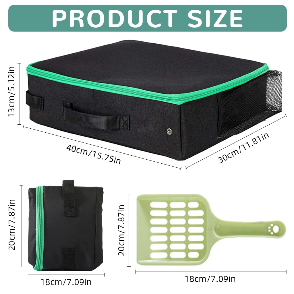 Qpets Portable Cat Litter Box for Travel featuring Foldable Design and Waterproof Oxford Cloth 40x30x13cm | Includes Waste Shovel 3 PCS
