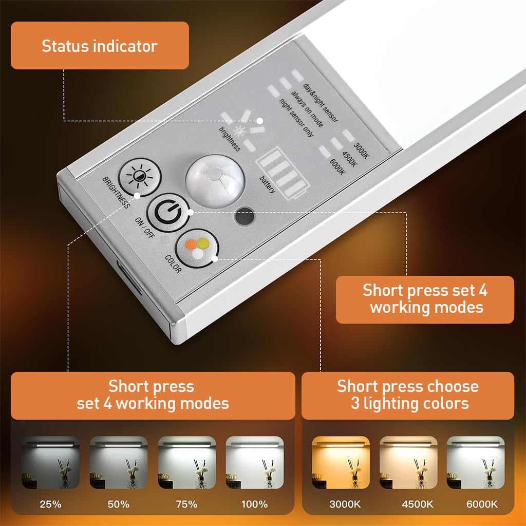 ELEPHANTBOAT® Under Cabinet Lights - 2500mAh LED Lights Motion Sensor Light Indoor, Under Cabinet Lighting 12 Inch 6000K 111 LED Wireless USB Rechargeable