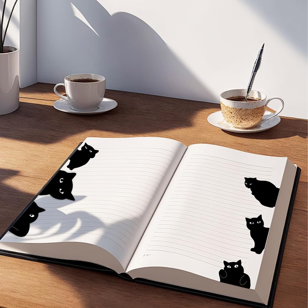 ZIBUYU Black Cat Magnetic Bookmarks 6 Pc Set with Secure Fold Over Magnets for Readers | Cute Kawaii Page Markers for School and Office Use