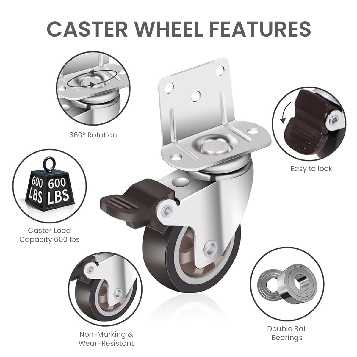 HASTHIP L-Shaped Caster Wheels, 1 Inch L-Shaped Small Rubber Casters Set of 4, 360 Degree Plate Swivel Castors Wheel, Casters Wheels for Furniture, Swivel Furniture Casters, Load 200lbs