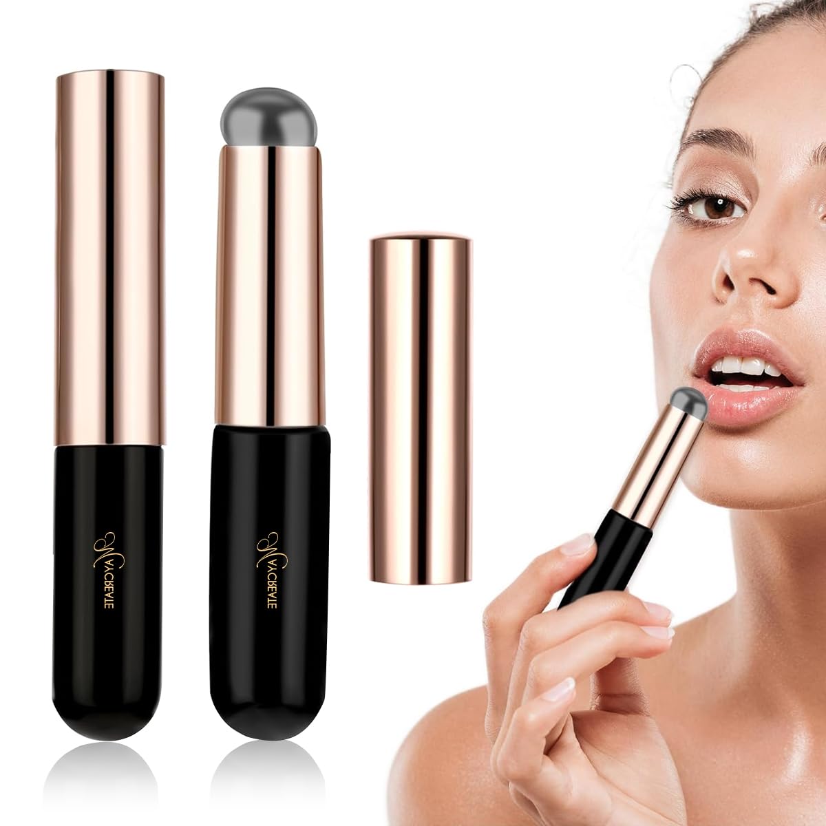 MAYCREATE Silicone Lip Balm Brush Set for Lipstick and Gloss Application with Lid | 2pcs Reusable Black Makeup Tool