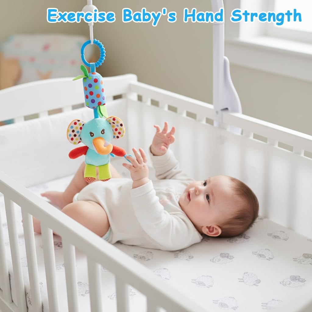 SNOWIE SOFT Hanging Toys for Newborn Baby with C Clip Ring featuring Plush Animal Cow | Soft Rattle and Crinkle Toy for Strollers and Car Seats