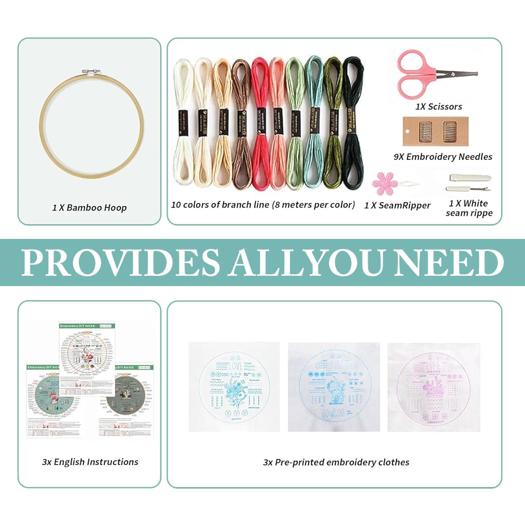 ZIBUYU Embroidery Kit for Beginners with 3 Sets Hoops and Colorful Threads for Adults | DIY Sewing Craft Set
