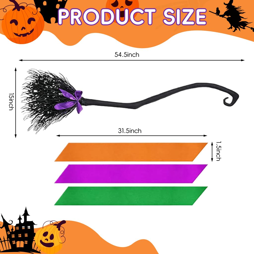 PATPAT Halloween Witch Broom with Purple Ribbons Decor 55'' Witch Broom Halloween Home Decro Props Kids Cosplay Prop Magic Witch Broom Prop for Halloween Party, Cosplay, Birthday Party