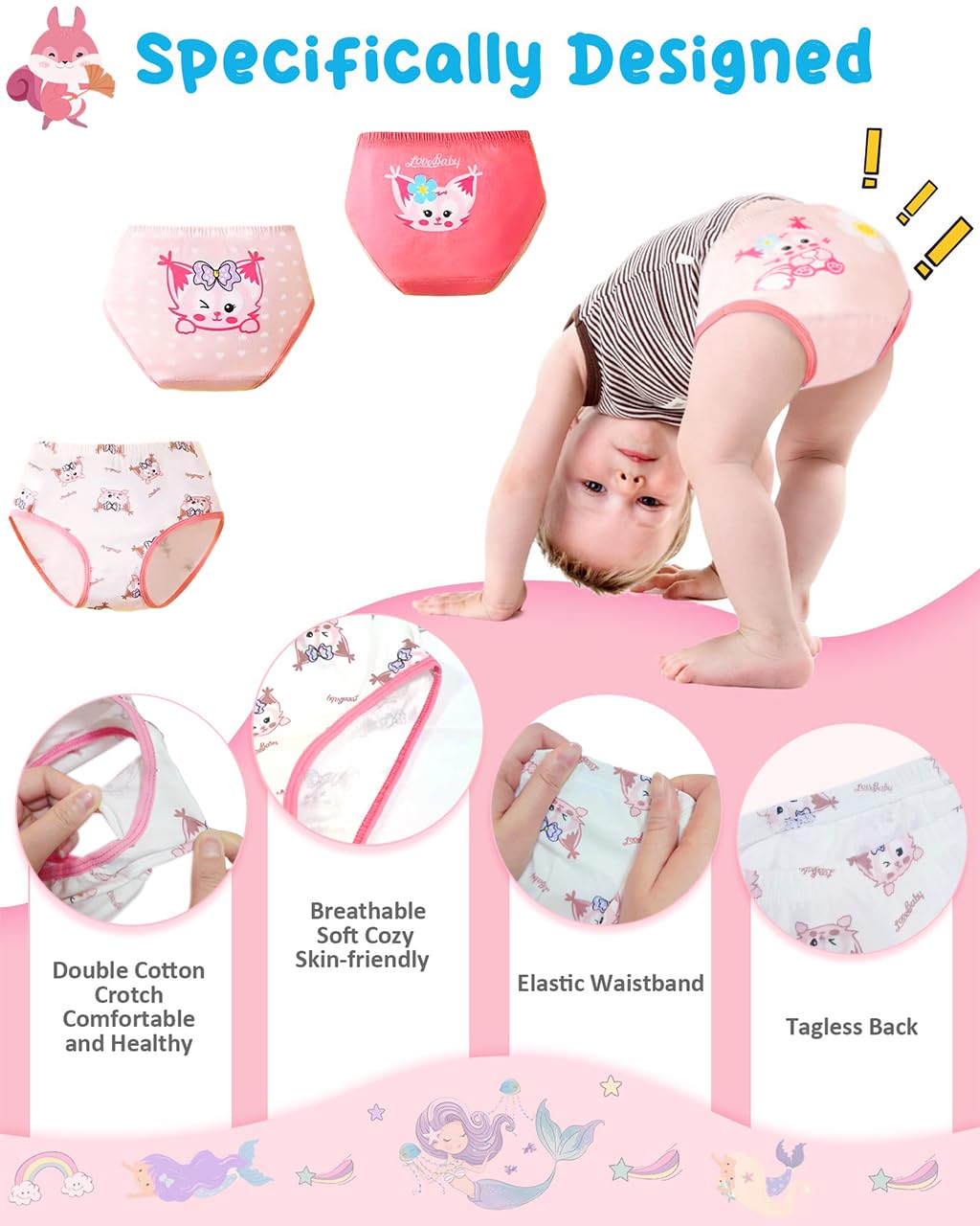 PALAY Girls Cotton Underwear 3 Pack for Toddlers 2–4 Years with Elastic Waist | Soft Breathable Briefs