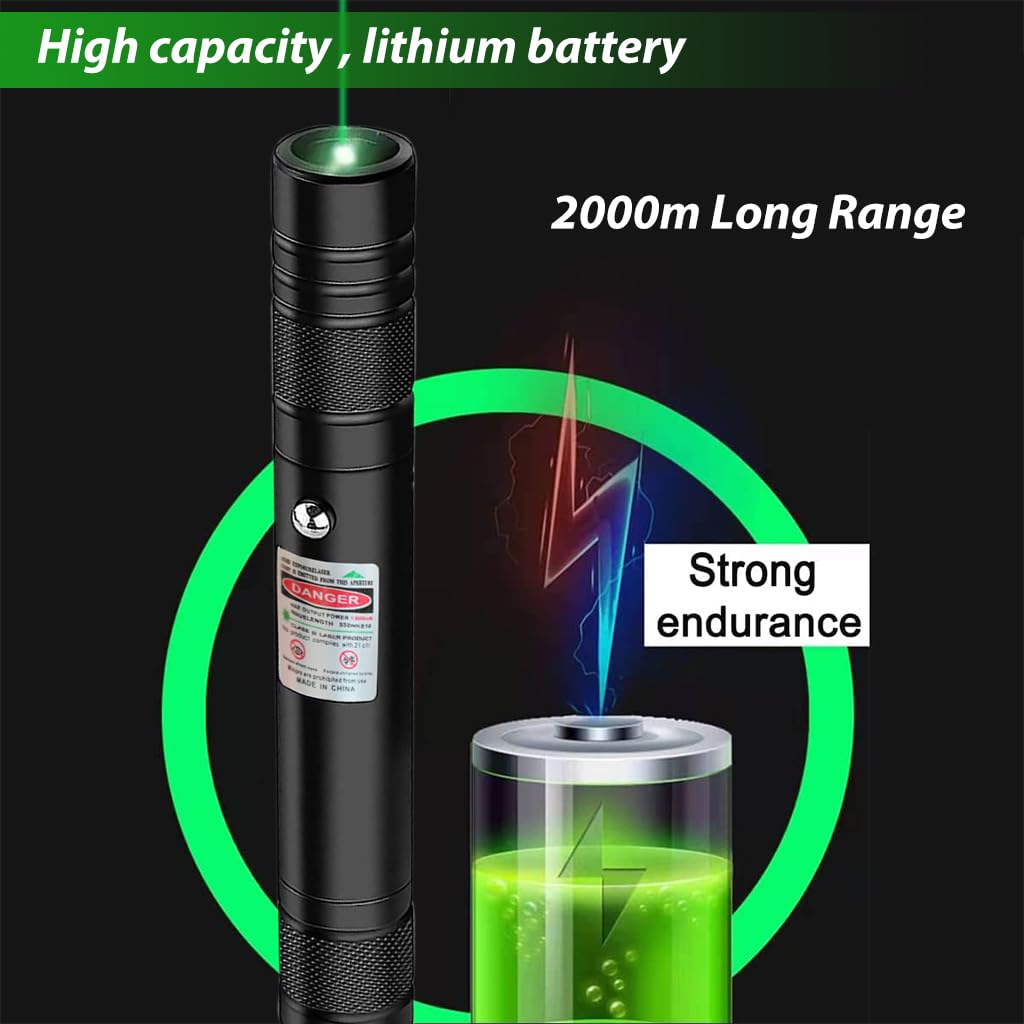 Climberty® Laser Light USB Rechargeable Green Laser Pointer, 2000 Metres Laser Pointer High Power Pen, Cat Laser Toy, Long Range Green Laser Pointer for Presentations, Stargazing, Hiking (Green Light)