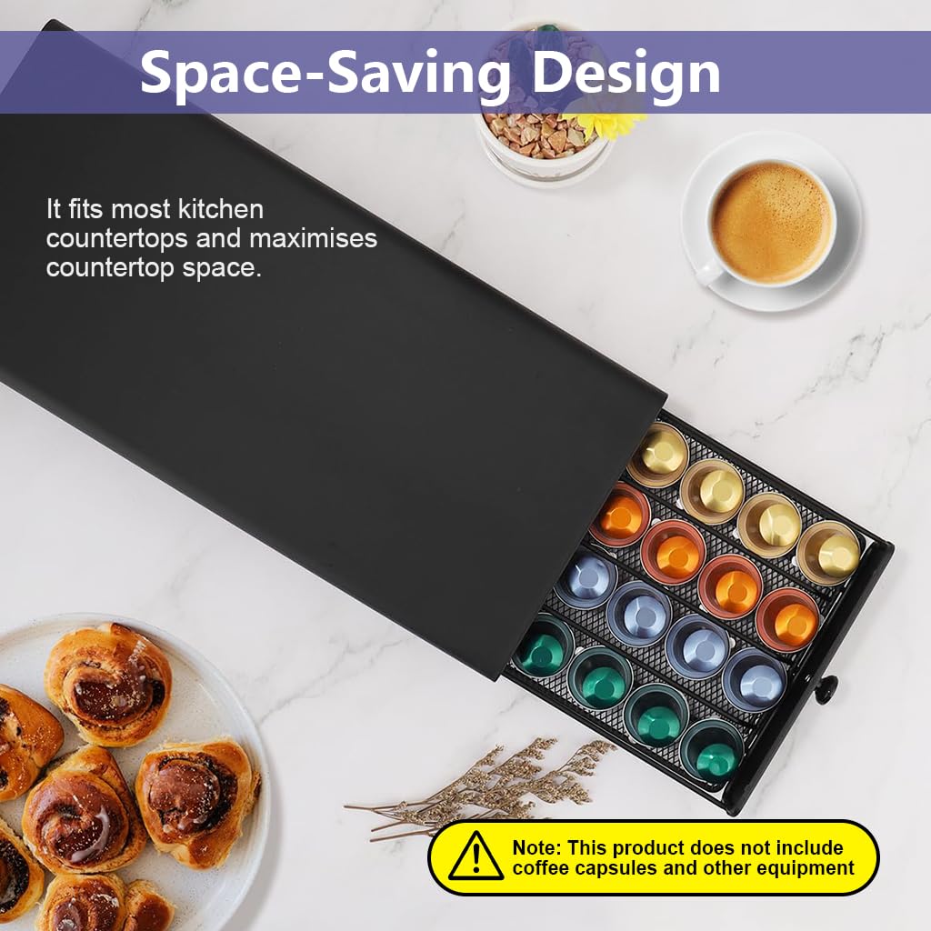 Supvox® Coffee Pod Organizer Ne-spresso Pods Organizer Drawer Organizer Holder for 40 Pack Coffee Pod Dustproof Coffee Pod Sliding Drawer Kitchen Counter Coffee Pod Organizer Black