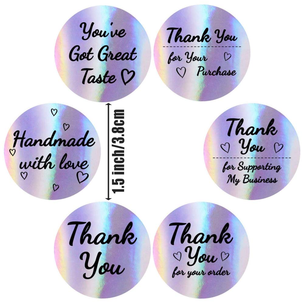 HASTHIP Thank You Stickers Roll for Gifts and Business Packaging with 500 pcs 1.5 in Holographic Round Labels | 8 Rainbow Styles