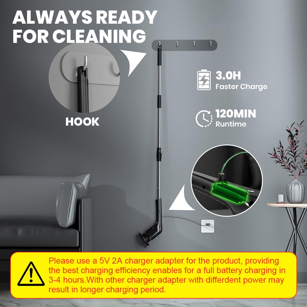 Supvox Electric Spin Scrubber for Bathroom and Floor Cleaning with 137cm Handle featuring 7 Brush Heads | IPX7 Waterproof Rechargeable Design