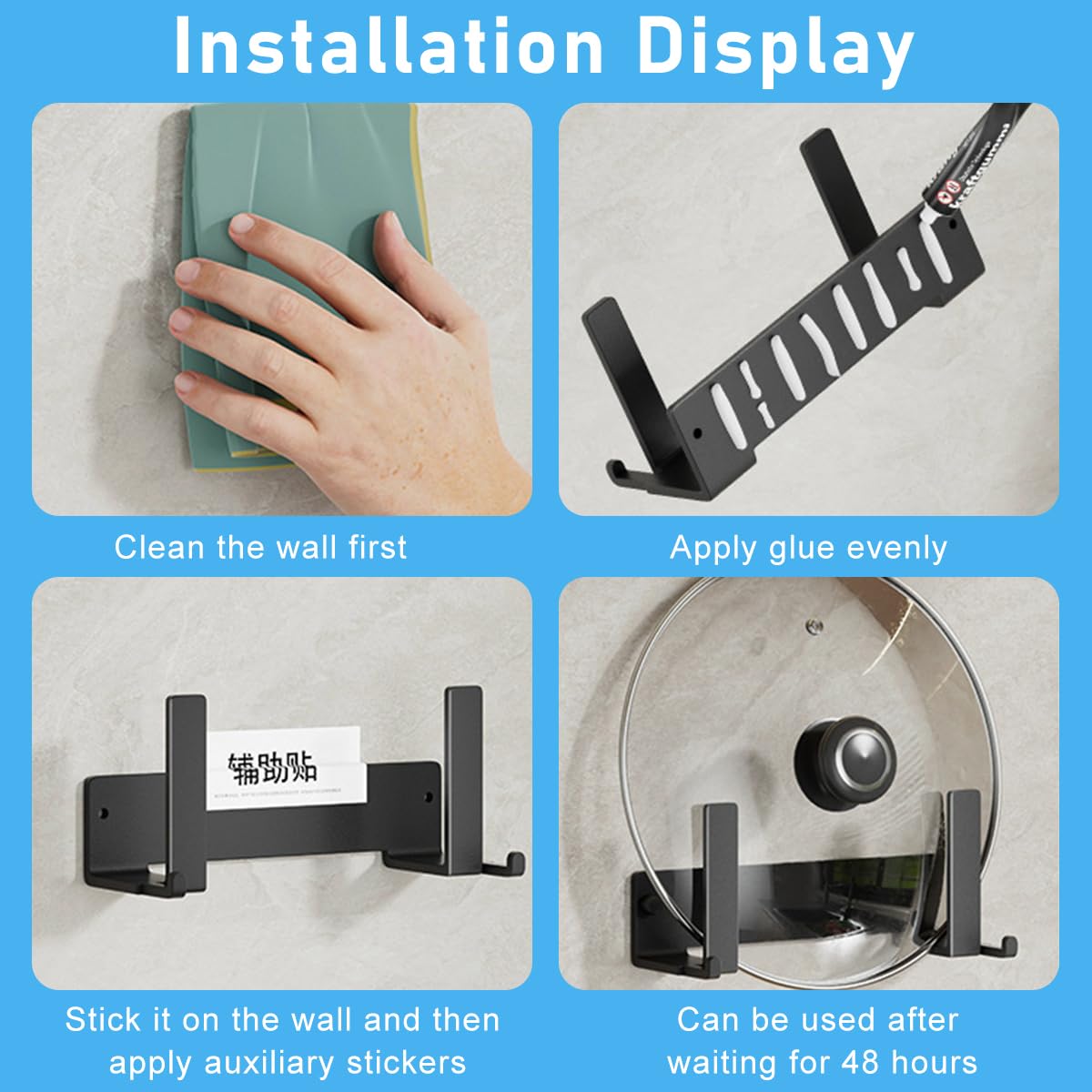 Supvox Lid Organizers for Kitchen with Drain Tray and Self Adhesive Wall Mounted Rack | Carbon Steel Holder for Pot Lids, Pans and Cutting Boards