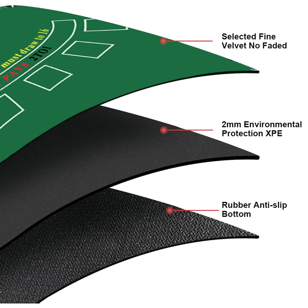 PATPAT Blackjack Poker Table Mat for Home Play with 7 Betting Boxes 70.8x35.4 in Green | Anti Slip Rubber Base