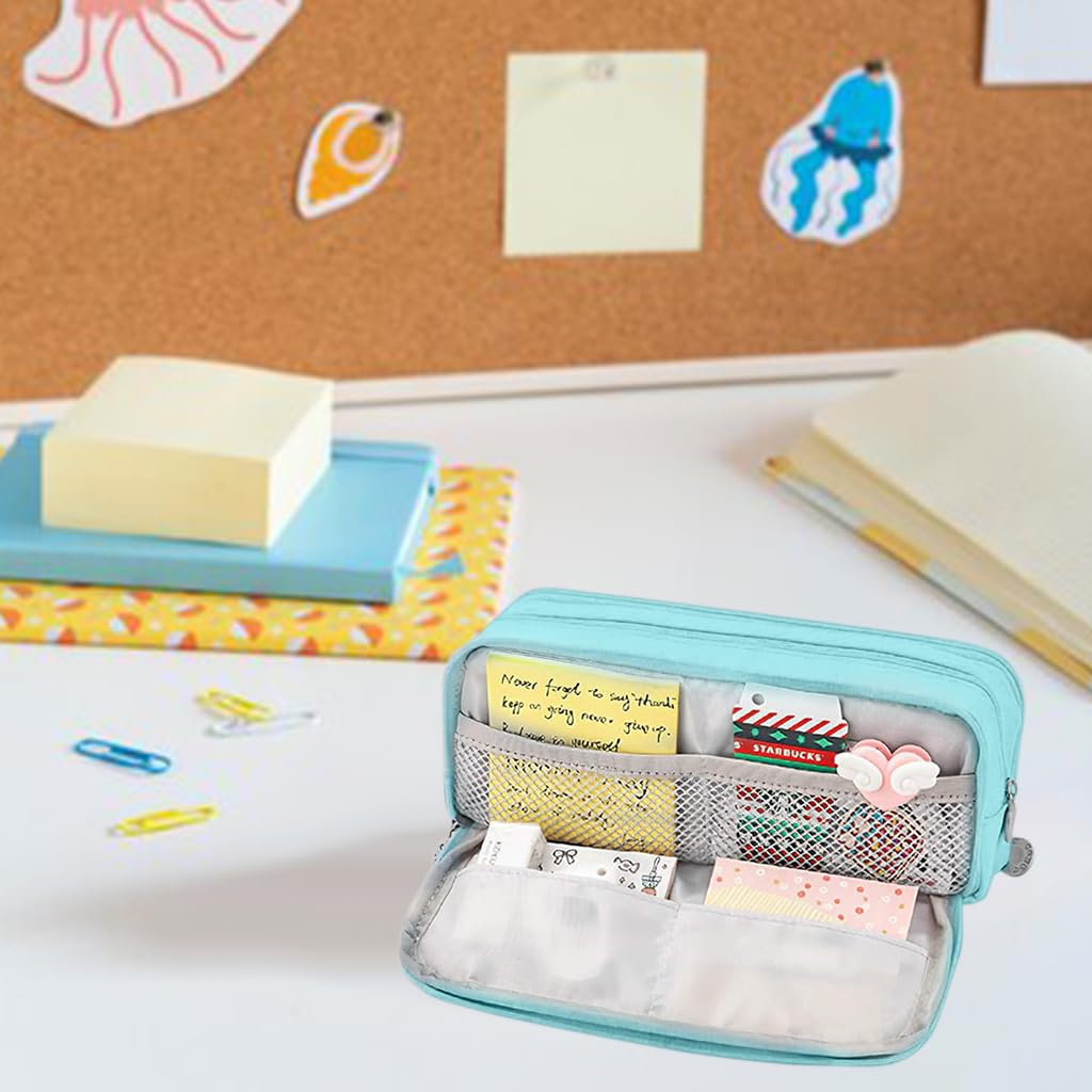 Zibuyu Pencil Box with Three Compartments and Smooth Zippers in Blue for Kids & Adults