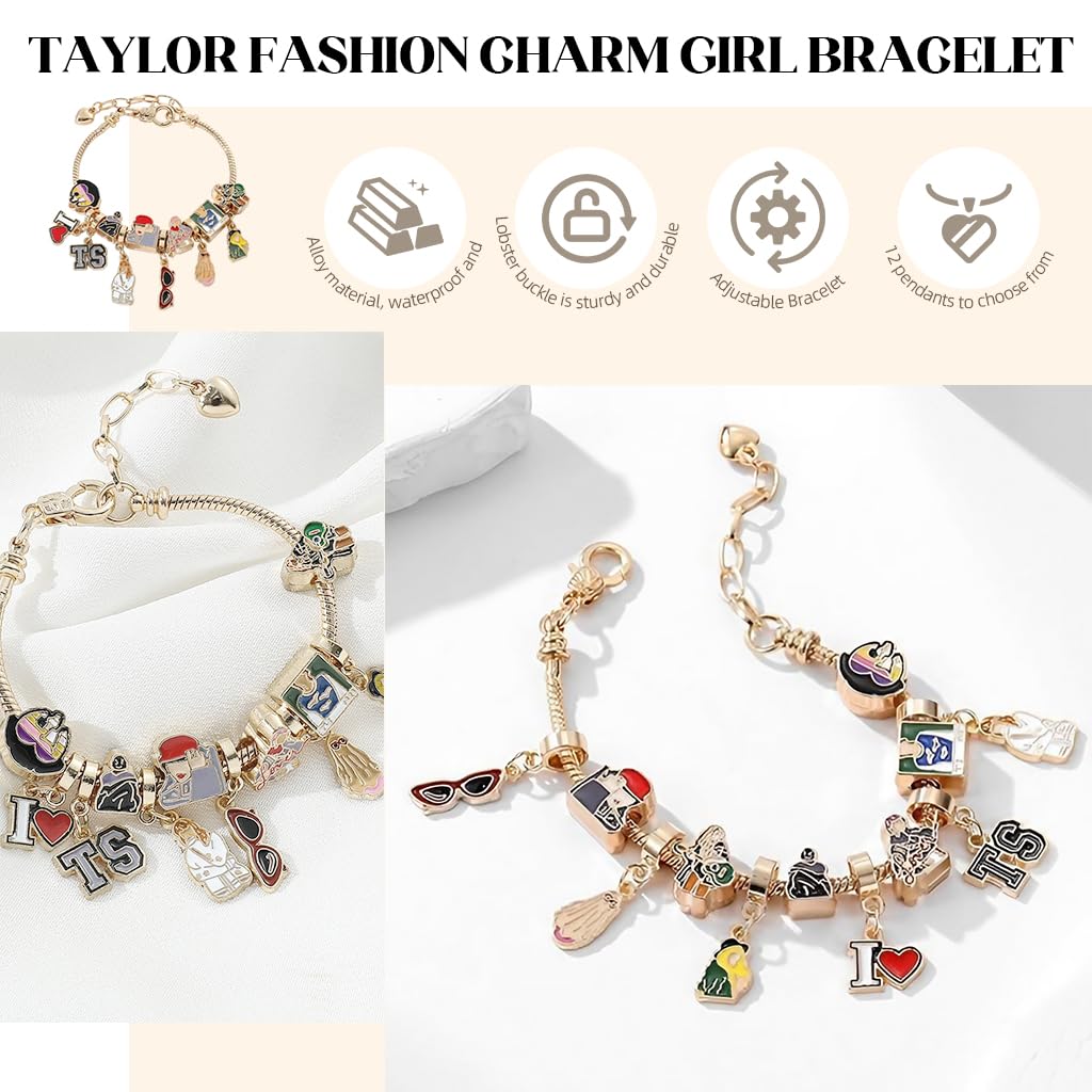 Taylor Bracelet for Women featuring Adjustable Clasp and Gold Alloy Charms | Gift for Music Fans