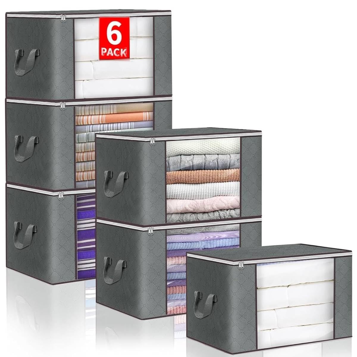 HASTHIP Clothes Storage Bins for Closet Organization with Reinforced Handles and Clear Window | 6 Pack 60L Foldable Fabric Containers