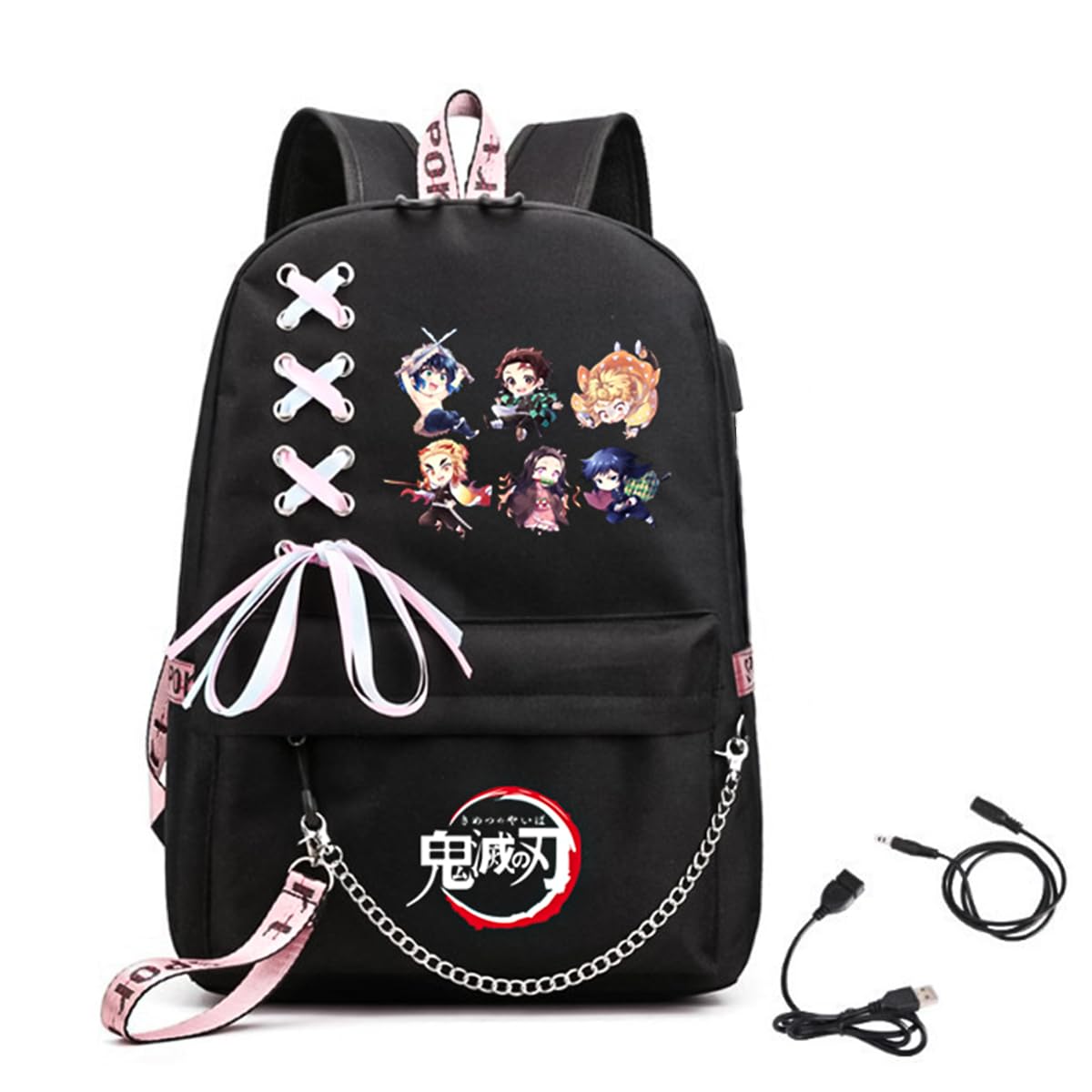 PALAY® Demon Slayer Anime Backpack with USB Charging Port and Headphone Jack, Girls Large Travel Backpack 14 Inches Laptop Bag Cartoon Anime Print Backpack School Gift for Kids (Black)