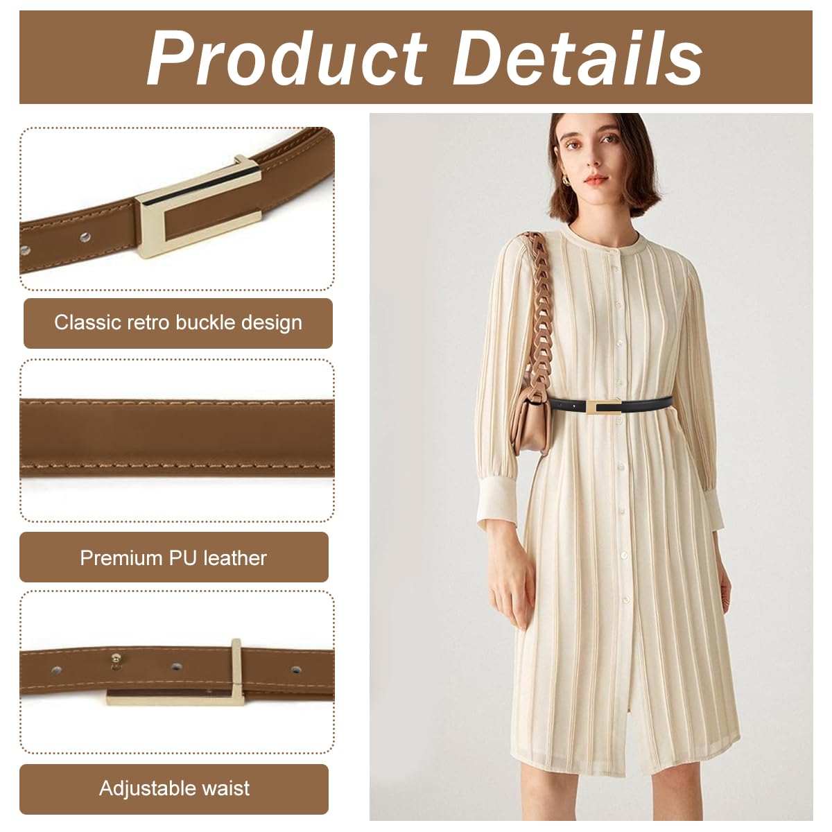 PALAY® 2Pcs Women Belts For Jeans Dresses Pants Ladies Leather Waist Belt with Gold Buckle