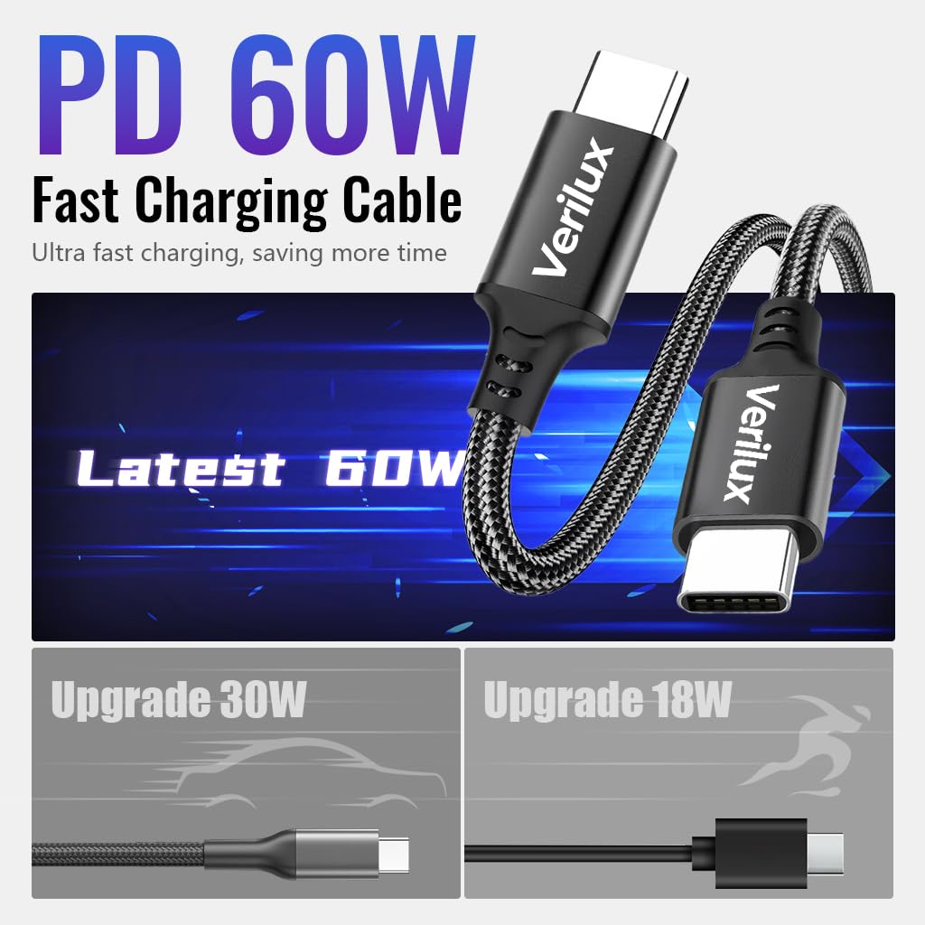 Verilux Type C to Type C Cable for Fast Charging with Nylon Braided 3m Length | 60W PD
