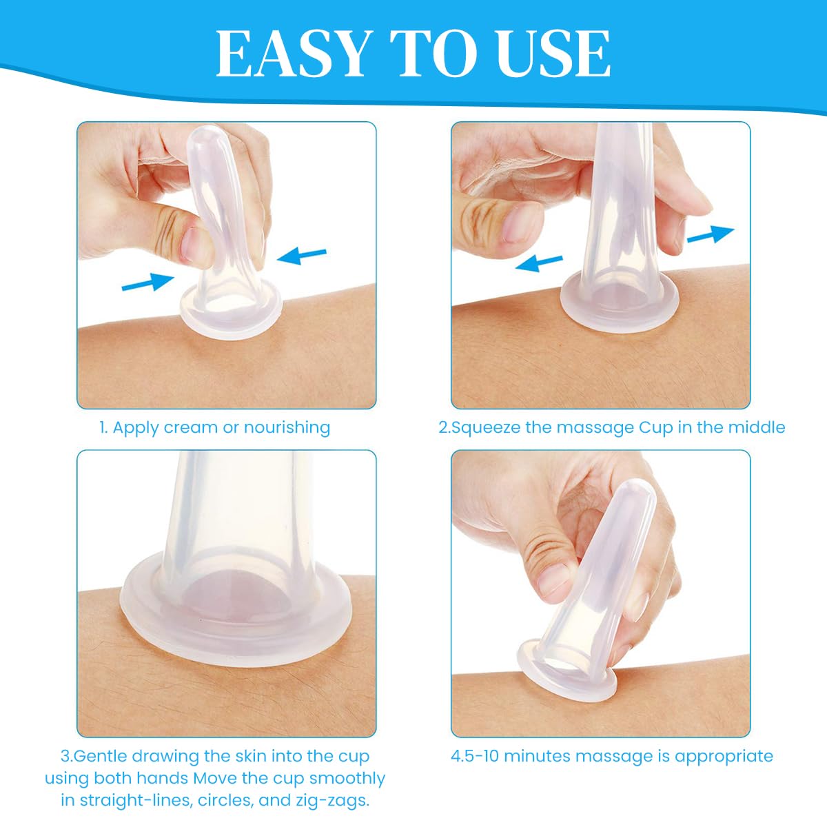 ZIBUYU Facial Cupping Set for Face Lift with 4 Silicone Vacuum Cups | Gentle Skin Massage