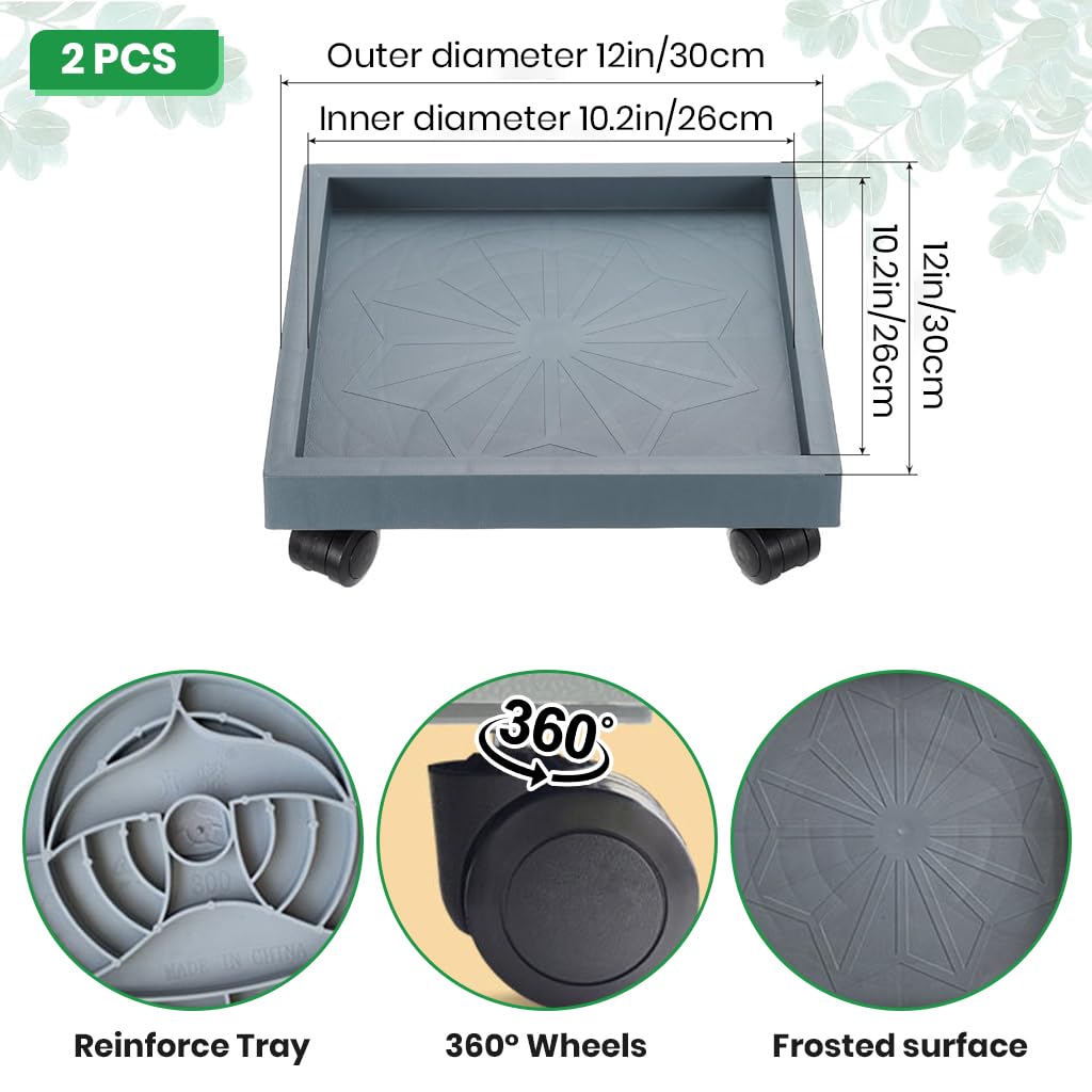 HASTHIP Plant Pot Stand for Indoor and Outdoor Use with 4 Wheels and 30cm Resin Tray | 2Pcs Set