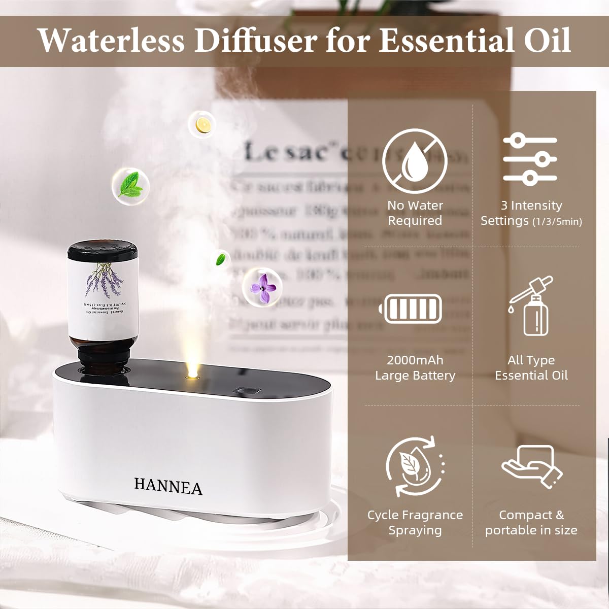 HANNEA Waterless Oil Diffuser for Home with 2000mAh Battery and Smart Timed Modes | USB Rechargeable Aromatherapy