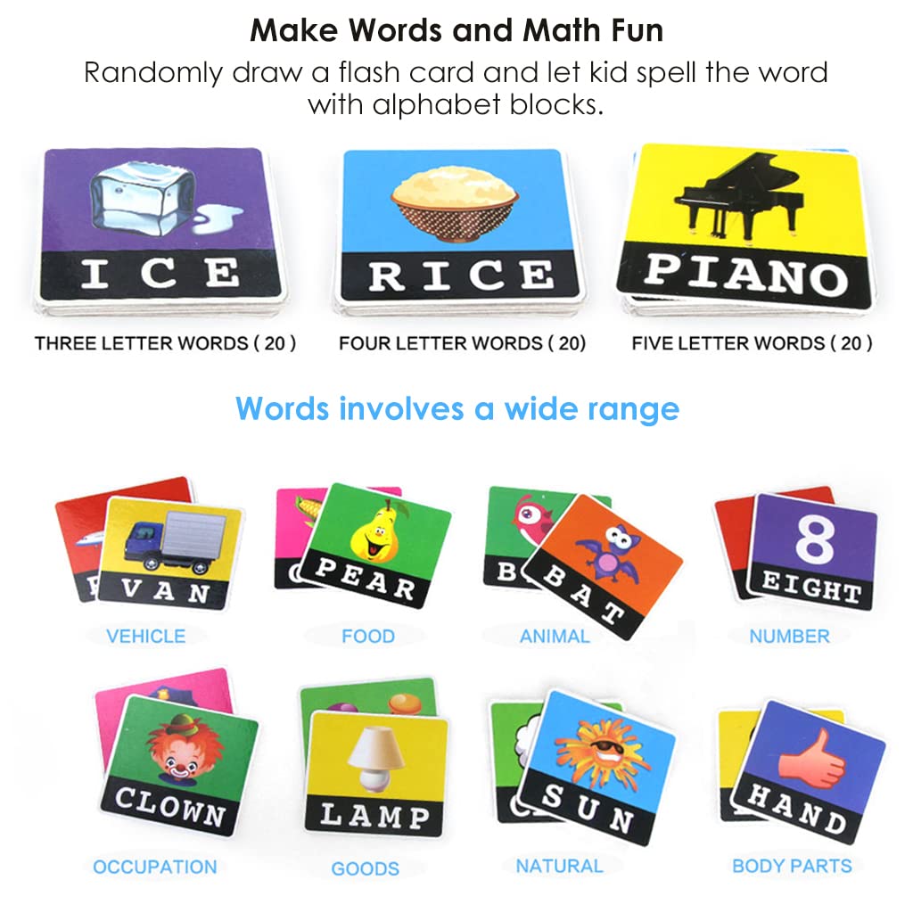 PATPAT Preschool Spelling Puzzle Game with 60 Word Cards & 52 Letter Blocks for Kids 3–8 | Fun English and Math Learning Toy