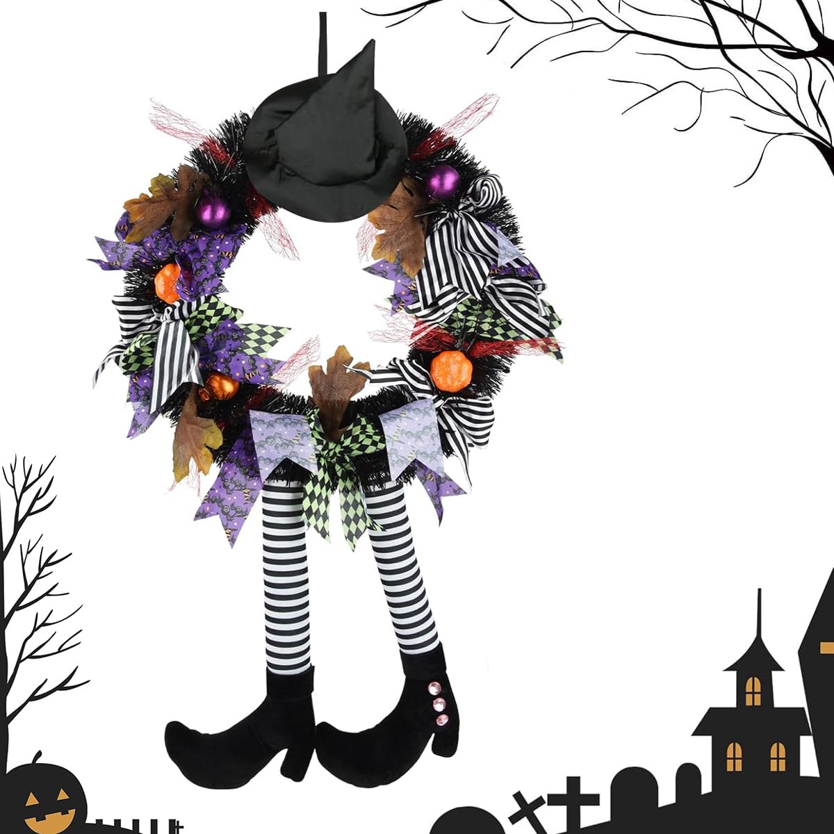 HASTHIP® 27-Inch Halloween Wreath for Door, Fun Witch Wreath Halloween Decorations, Spooky Witch's Hat and Legs Halloween Wall Hanging Wreath for Front Door or Indoor Wall Decor