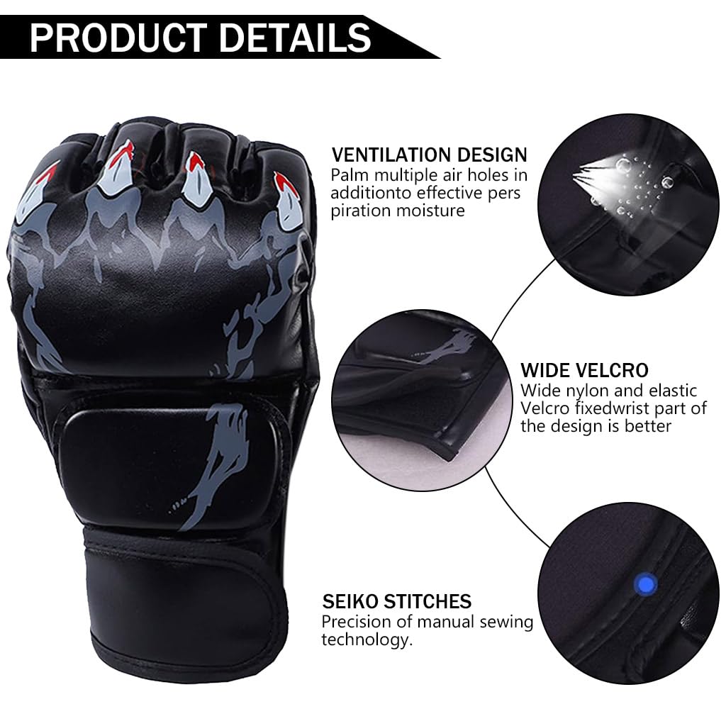 Proberos® Boxing Gloves Black Print MMA Gloves with Adjustable Wristband, Breathable Fingerless MMA Gloves for Boxing, Muay Thai and Sparring Sessions, Punching Gloves