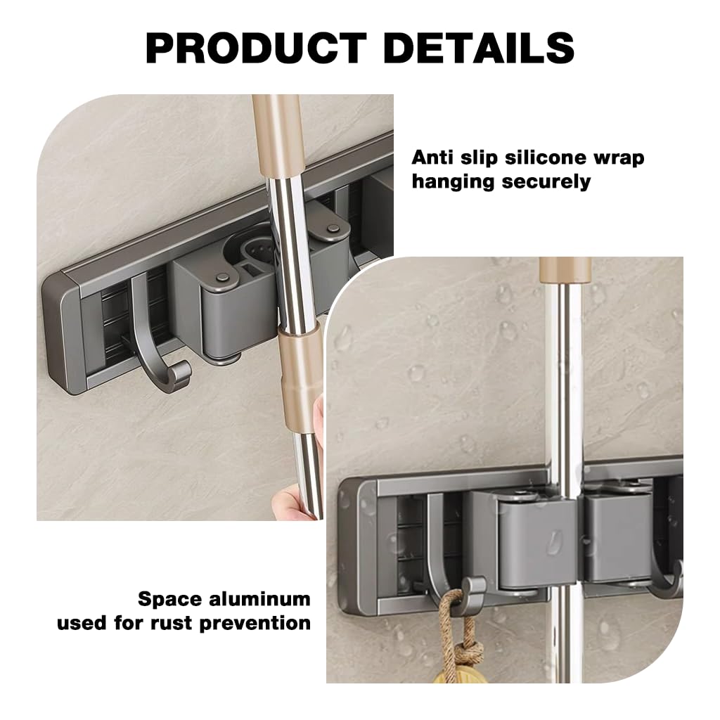HASTHIP Mop and Broom Holder for Bathroom and Garage with 6 Hooks and Push-in Rail | No-Drill Aluminum Organizer
