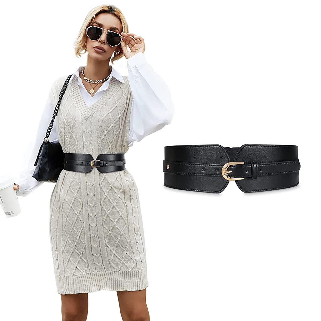 PALAY  Black Belt for Women Dress Stretchy Fashion PU Leather Wide Waist Belt Vintage Metal Buckle Women Belts for Dress Blouse Blazer -Fit Waist 23-33