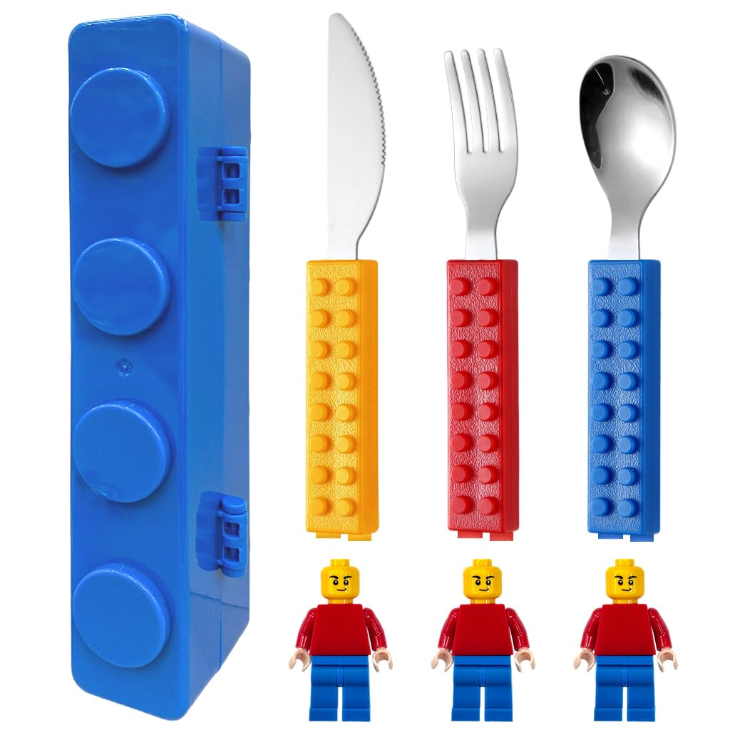Supvox Kids Cutlery Set for Mealtime Fun with Colorful Building Block Handles and 3 Pieces