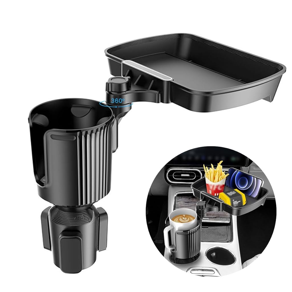 STHIRA® Cup Holder Tray for Car, 2 in 1 Detachable Car Food Table Tray with Solid Base & Phone Slot,Car Cup Holder Expander with 360°Rotation Tray for Travel Road