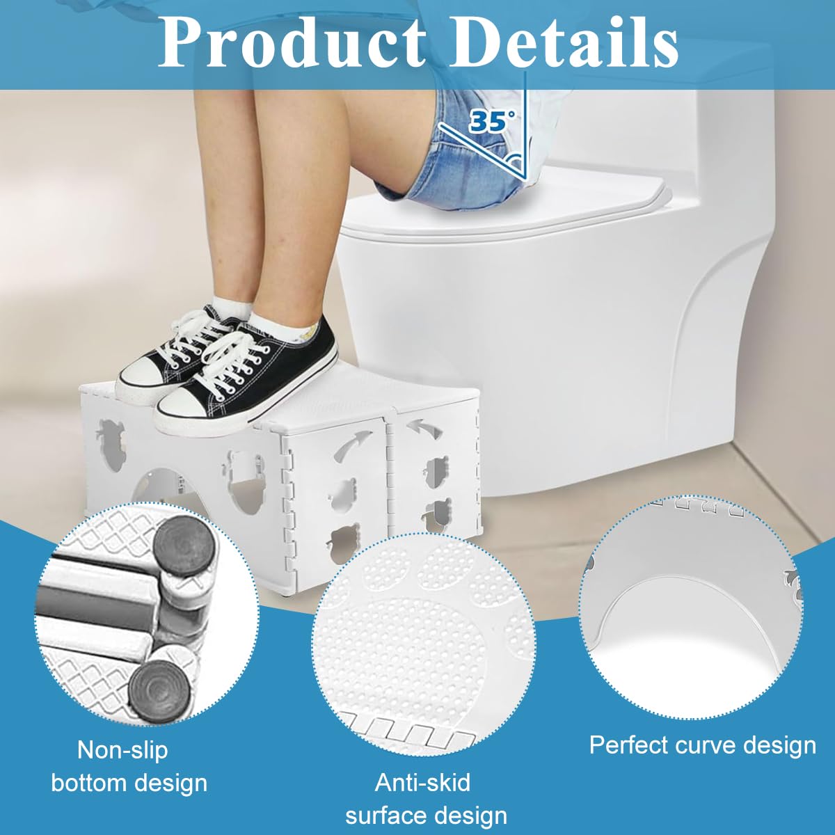 HANNEA Folding Toilet Squat Stool for Better Posture with Anti Slip Feet 45x30x18cm PP | Foldable Bathroom Stool for Kids and Adults